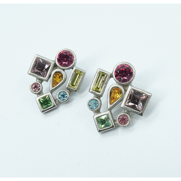 Vintage Rhinestone Earrings Multi Shaped Silver Tone - Picture 1 of 9